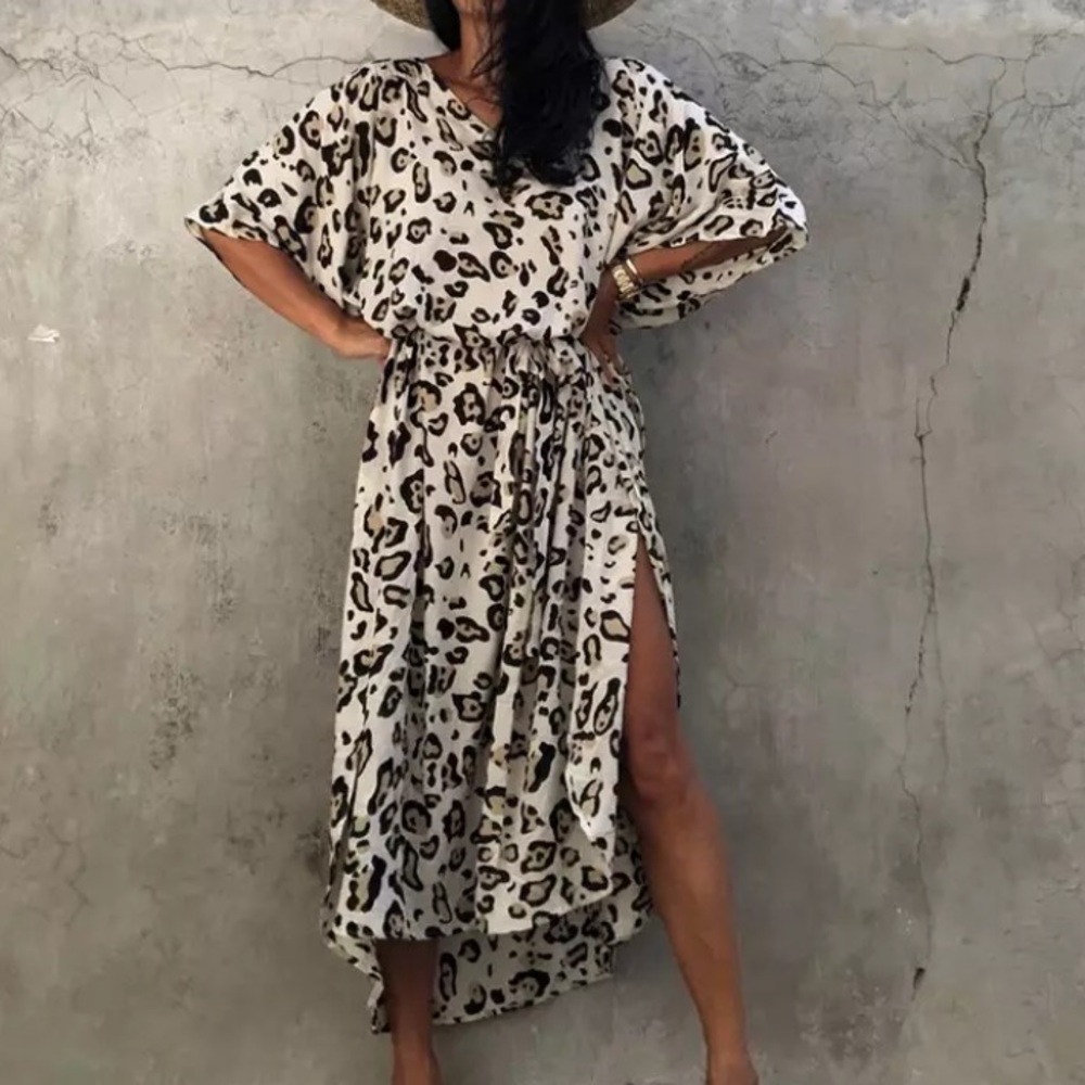 SOLD OUT New Leopard Animal Print Bohemian Kaftan Kimono Dress Coverup - Picture 2 of 8